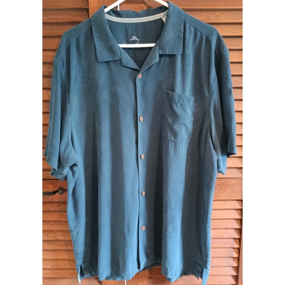 Tommy Bahama Mens Blue 100% Silk Camp Shirt Short Sleeve Button Down XL